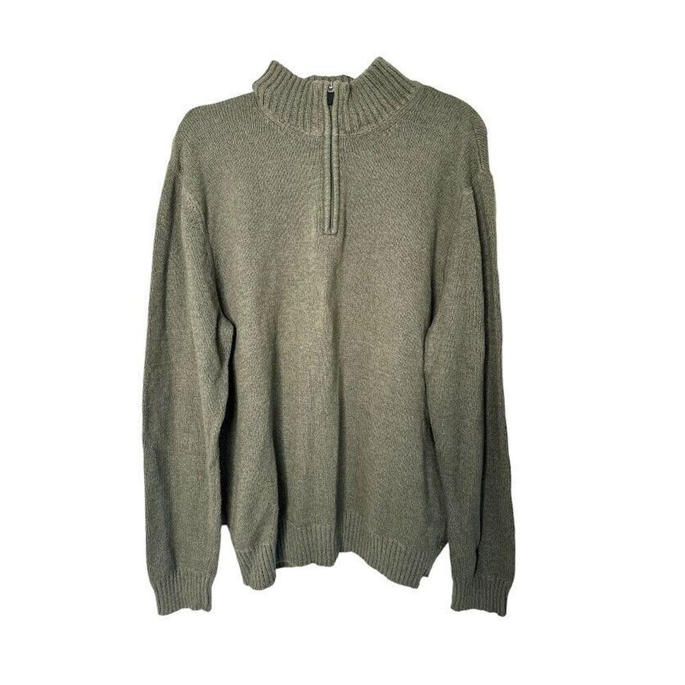 Eddie Bauer Sweater Mens Large‎ 100% Cotton Tan Green 1/4 Zip Pullover Outdoor